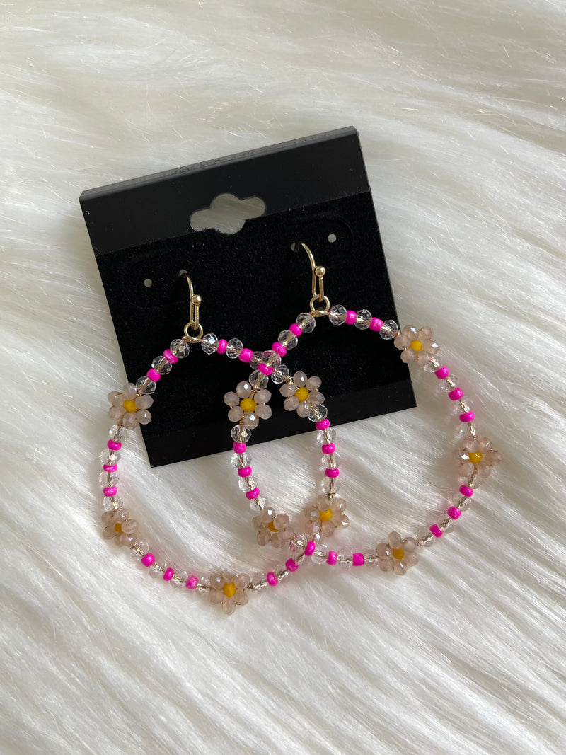 Flower Seed Bead Round Dangle Hot Pink