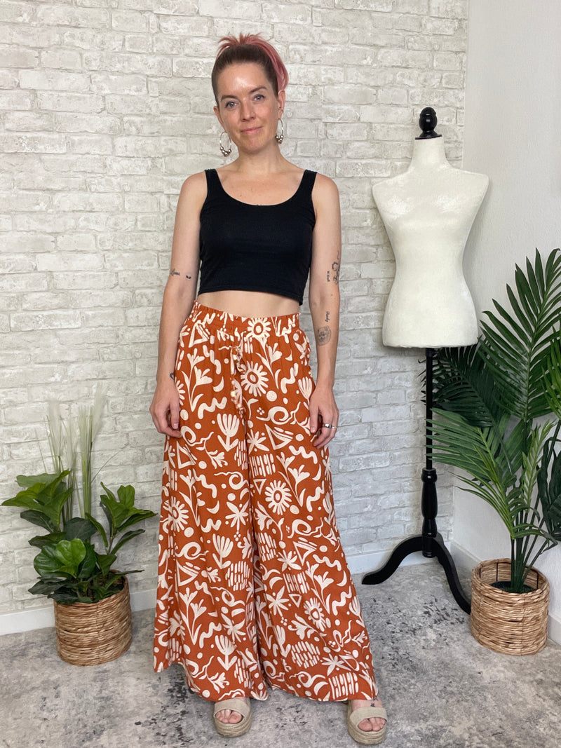 Abstract Swirls Wide Leg Pant - Ginger + Beige