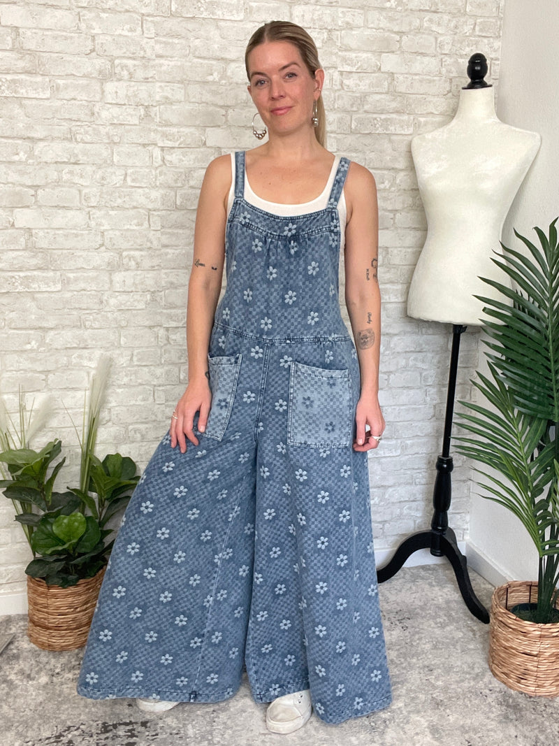 Flower Checker Print Overalls