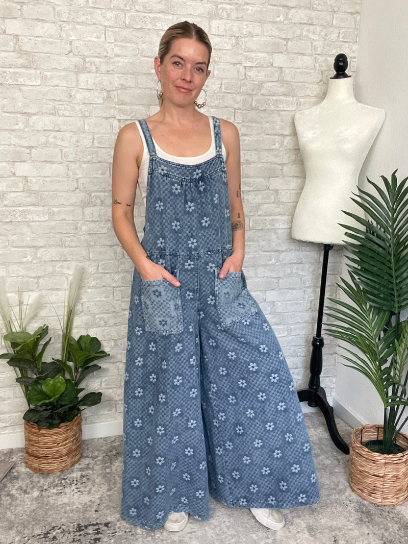 Flower Checker Print Overalls