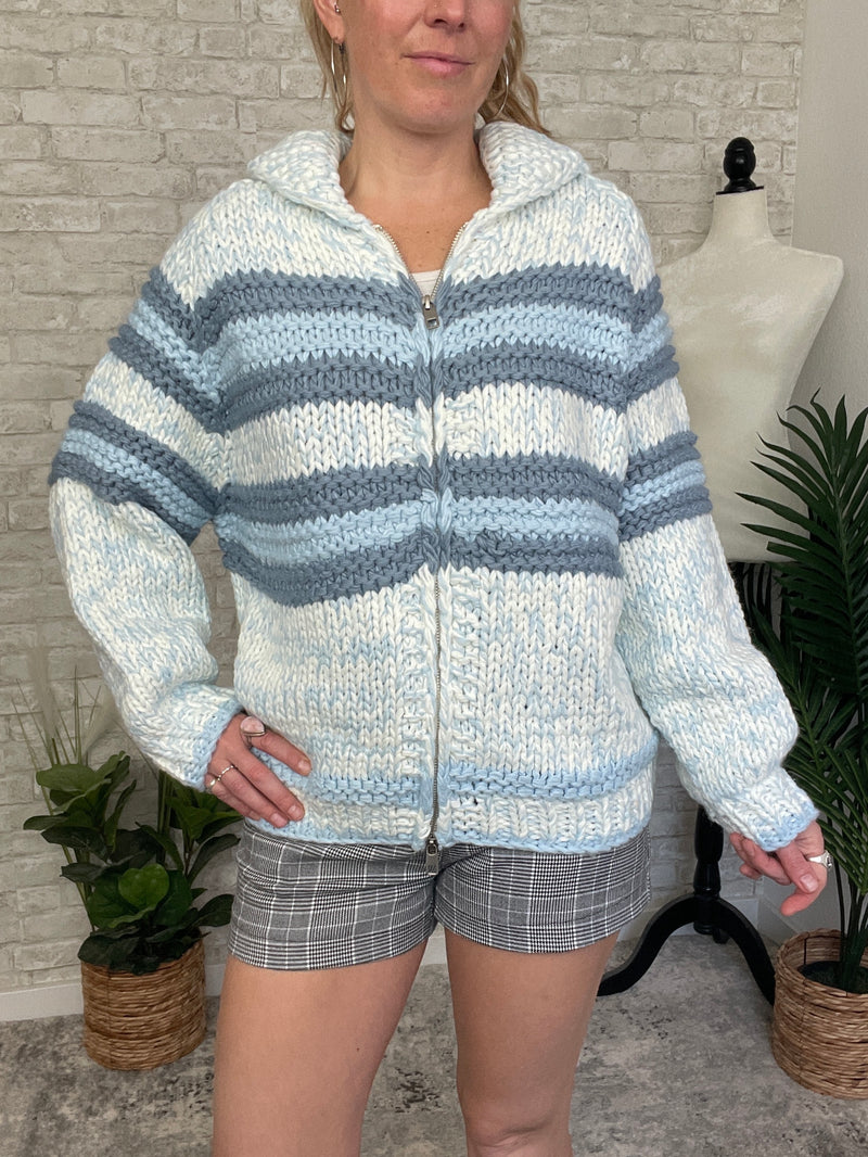 Zelda Zip Up Knit Cardigan - Blue Combo