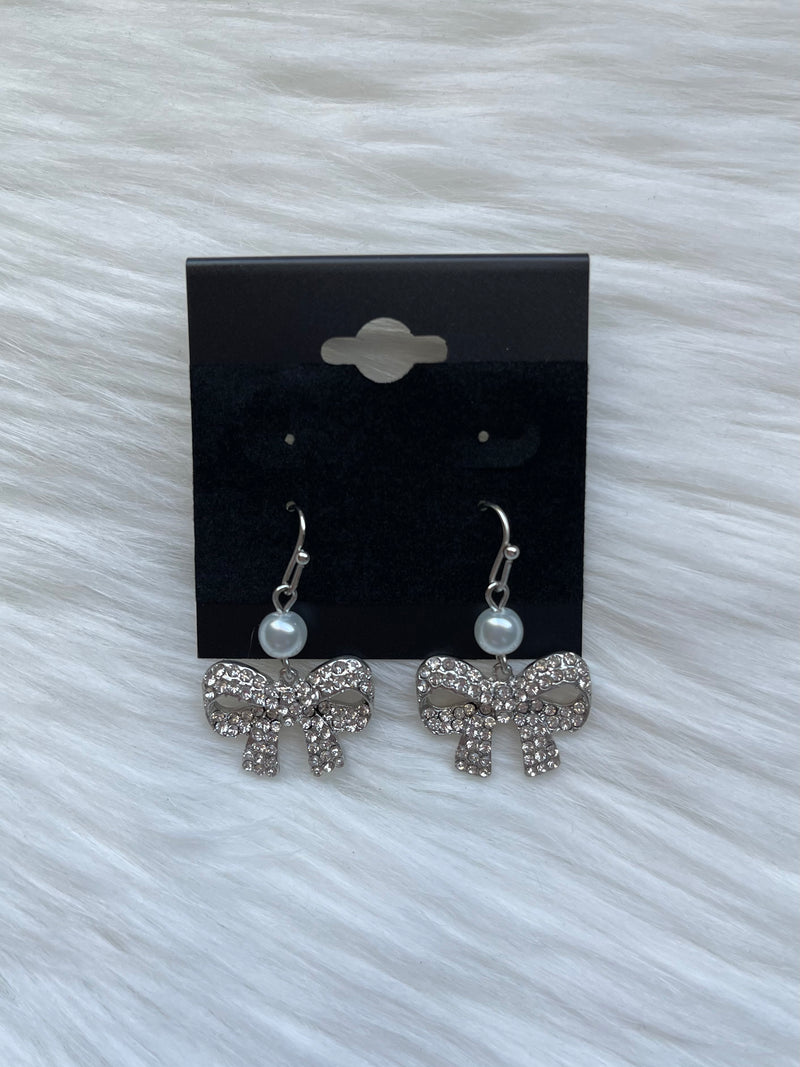 Pearl + Rhinestone Bow Earring Silver