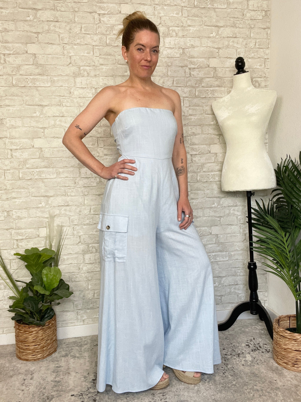 Plumeria Blue Strapless Woven Jumpsuit