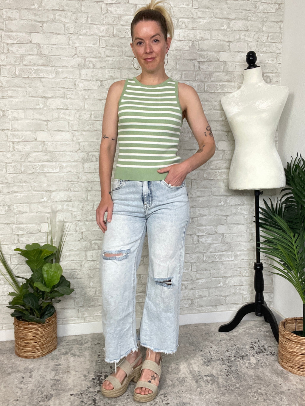 Darlene Green+Cream Stripe Tank