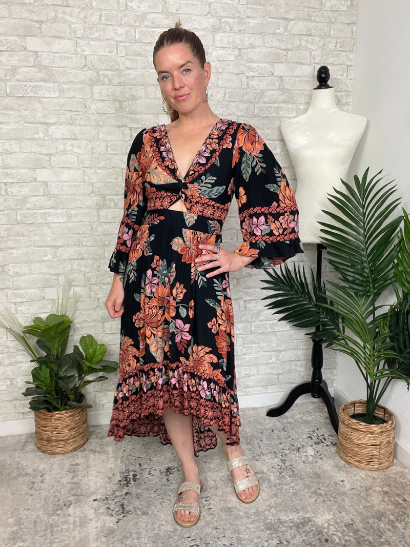 Madison Long Sleeve Twist Maxi Midnight Black+Ginger Floral