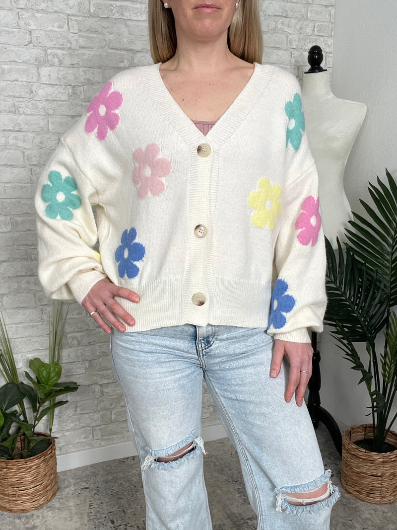 Retro Floral Cardigan Ivory