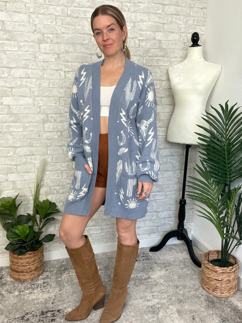 Christy Western Print Cardigan Blue