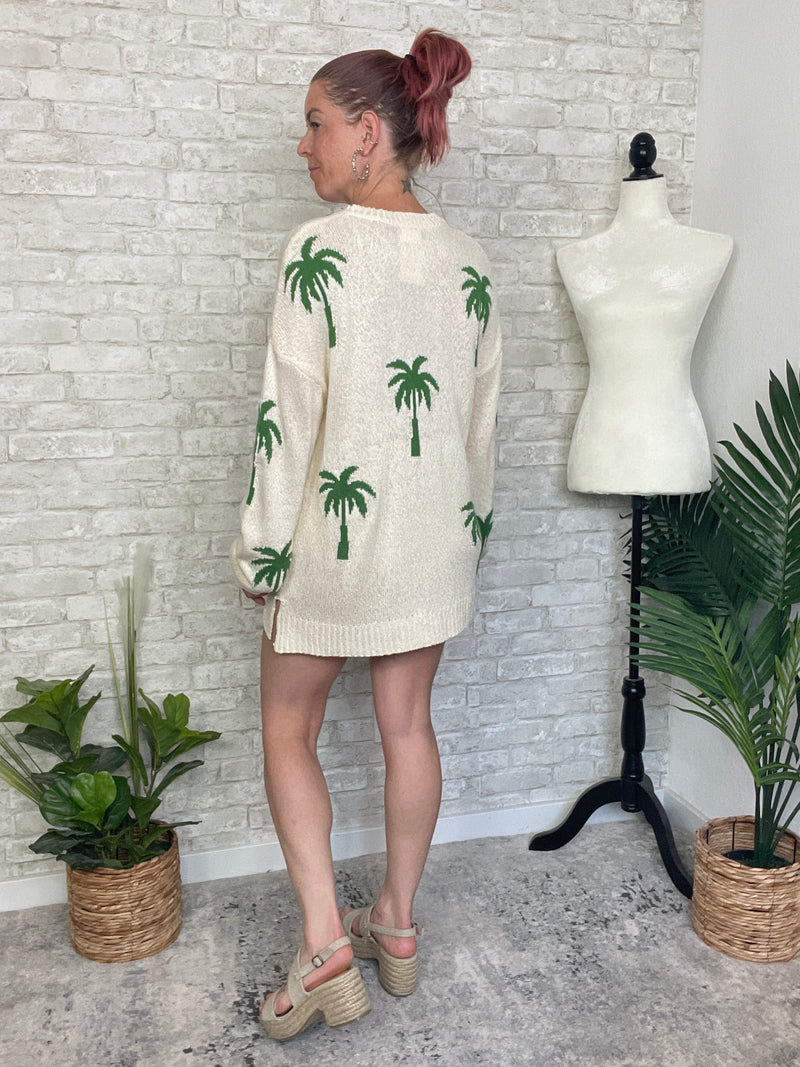 Palm Print Knit Summer Sweater