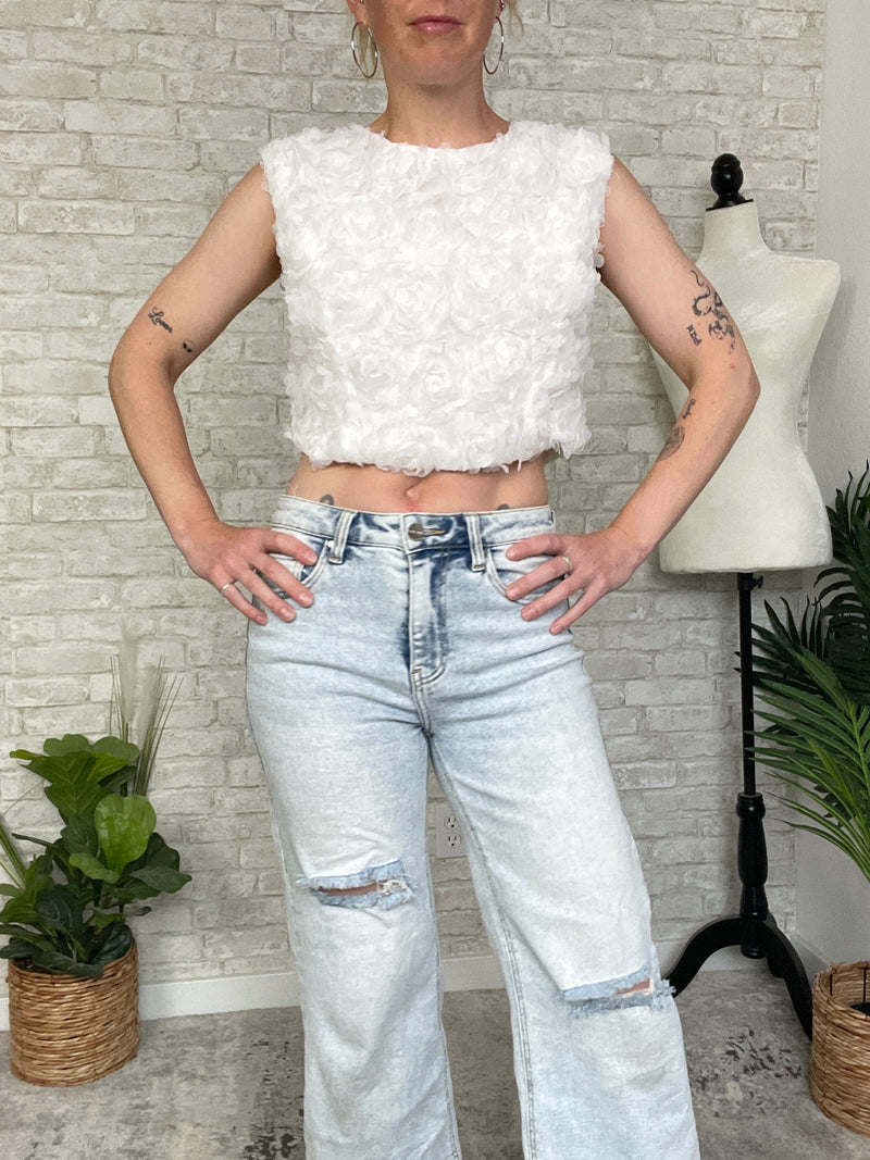 3D Floral Petal Crop Top White