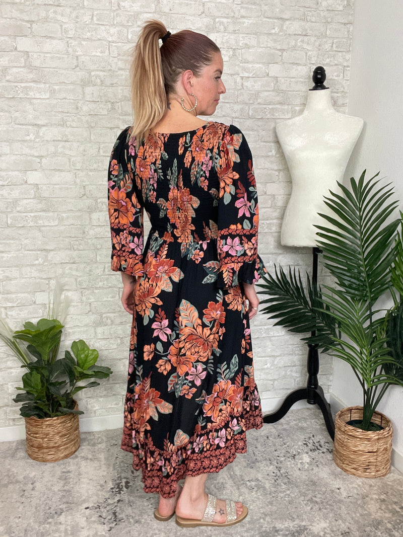 Madison Long Sleeve Twist Maxi Midnight Black+Ginger Floral
