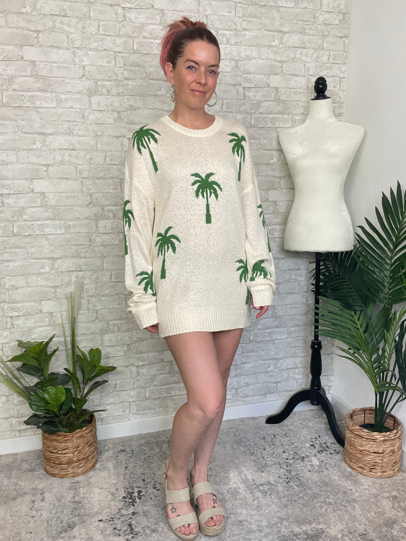 Palm Print Knit Summer Sweater