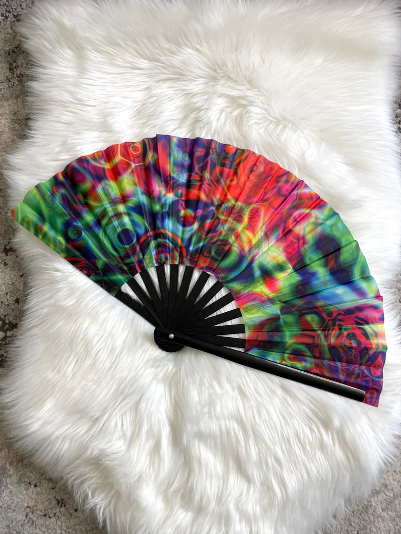 Trippy Swirl Rainbow Floral Festival Fan