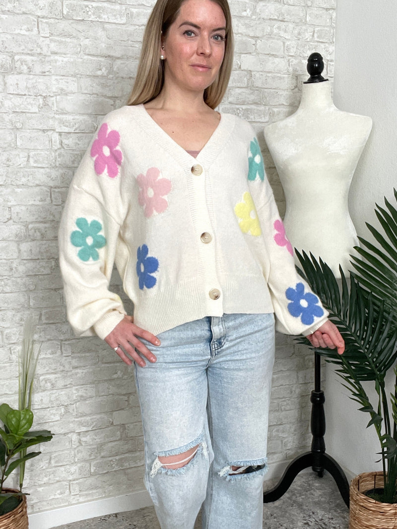 Retro Floral Cardigan Ivory