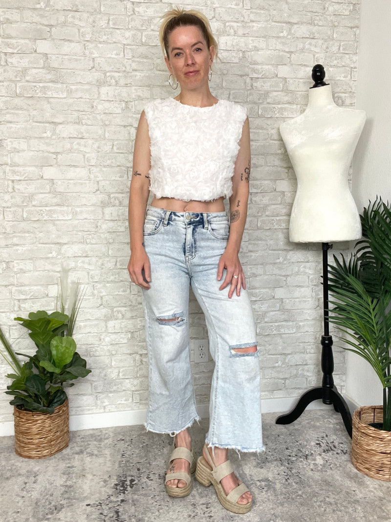 3D Floral Petal Crop Top White