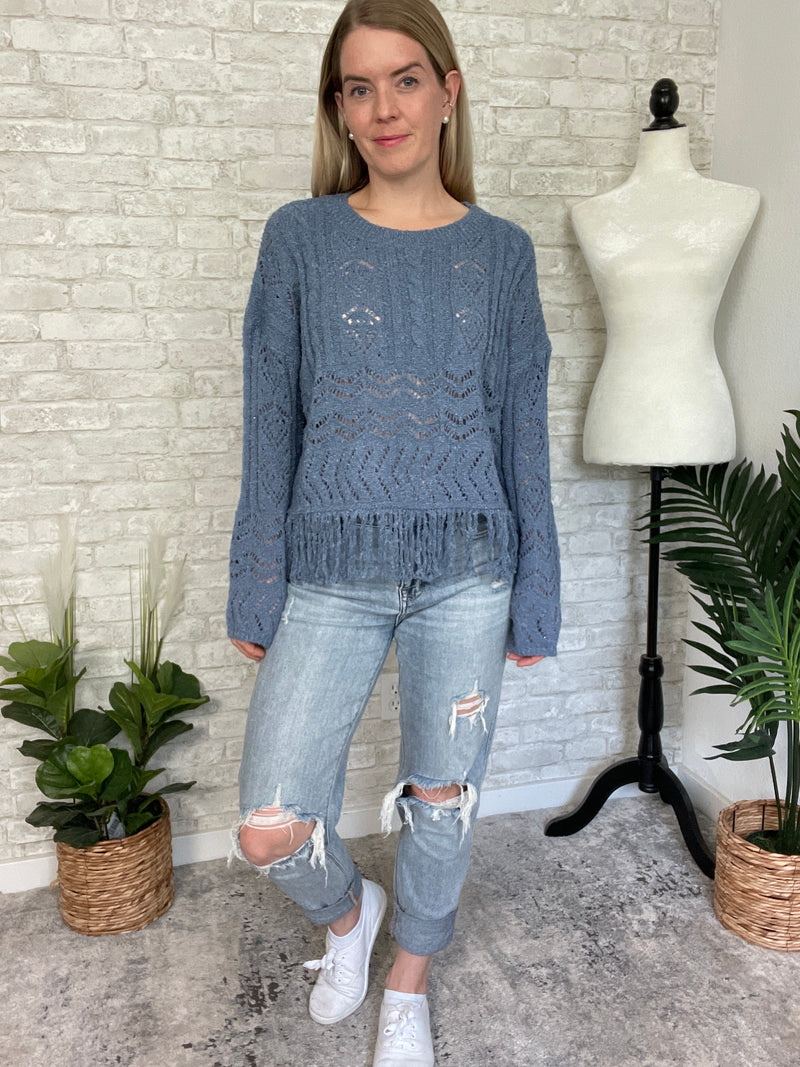 Maeve Tassel Knit Top Vintage Blue