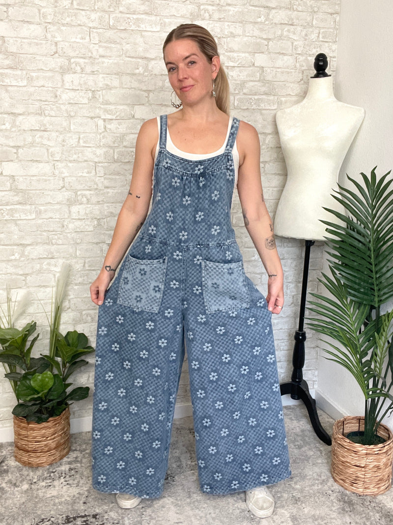 Flower Checker Print Overalls