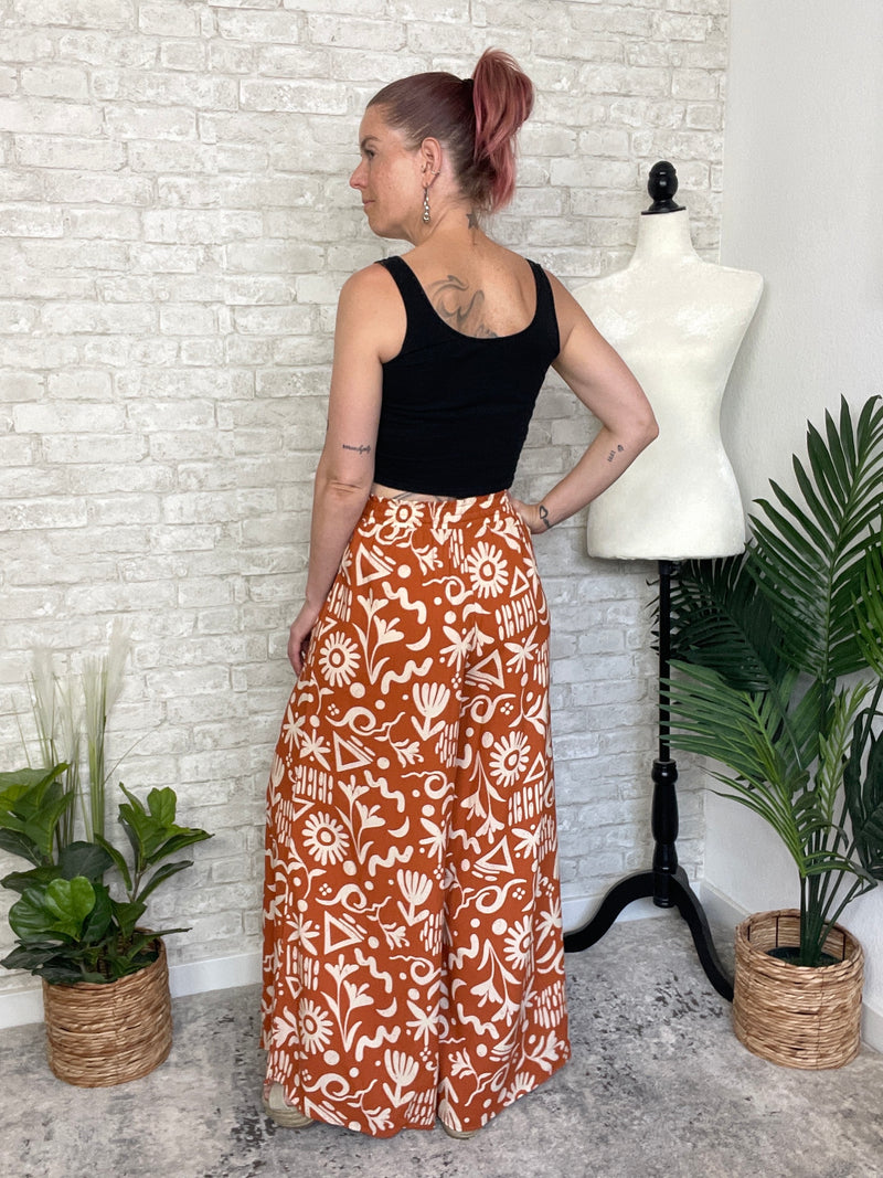 Abstract Swirls Wide Leg Pant - Ginger + Beige