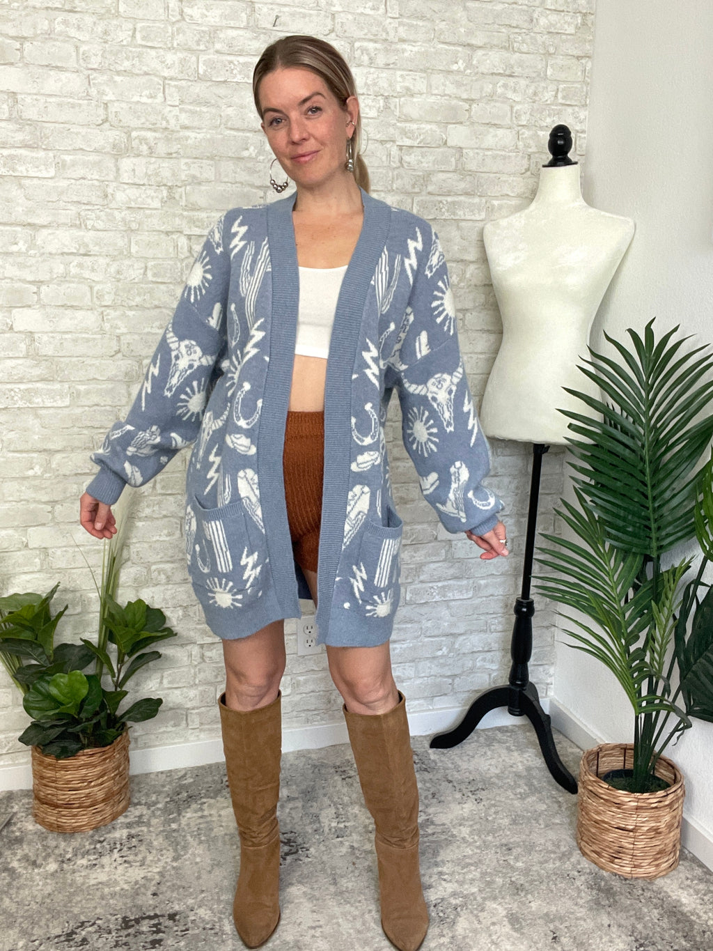 Christy Western Print Cardigan Blue
