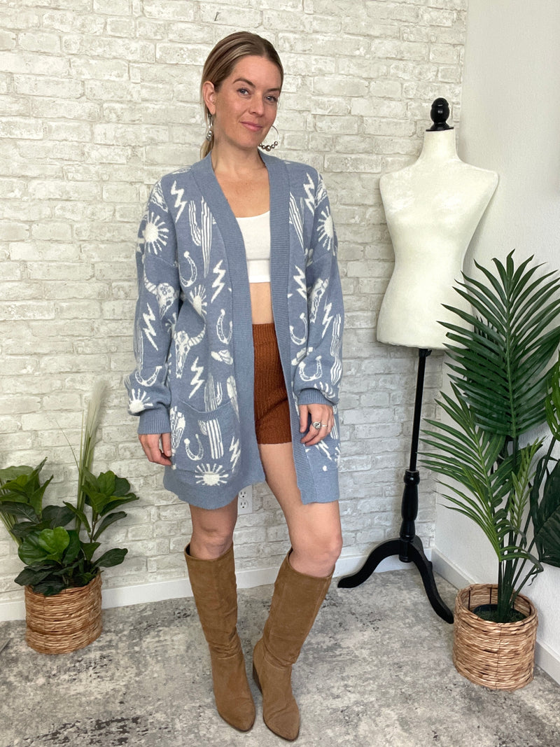 Christy Western Print Cardigan Blue