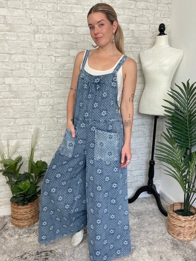 Flower Checker Print Overalls