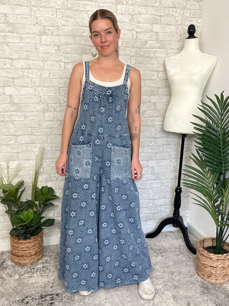 Flower Checker Print Overalls