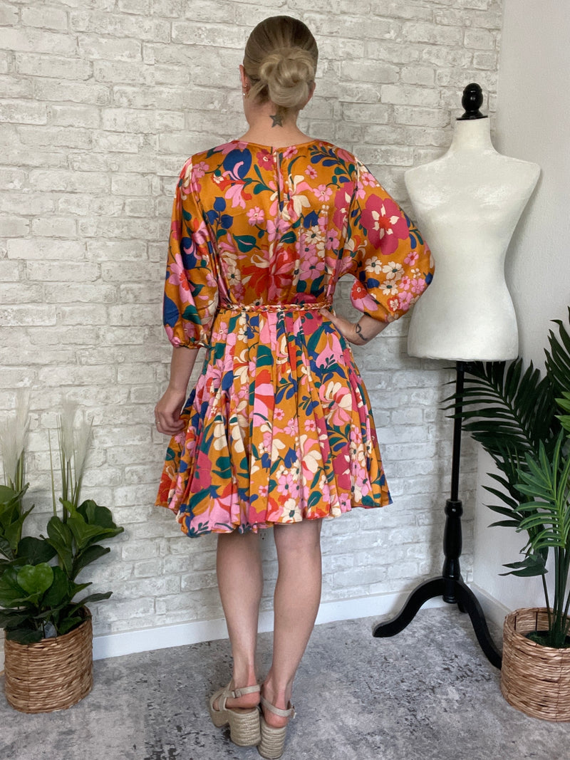 Golden Floral Satin Dress