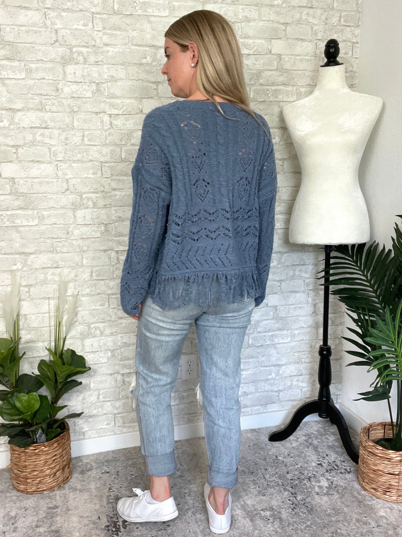 Maeve Tassel Knit Top Vintage Blue