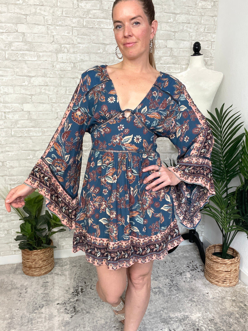 Mirabelle Teal Long Sleeve Mini Dress
