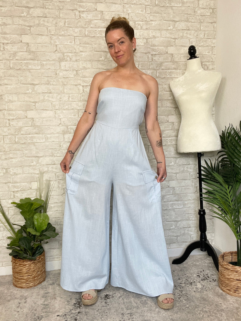 Plumeria Blue Strapless Woven Jumpsuit