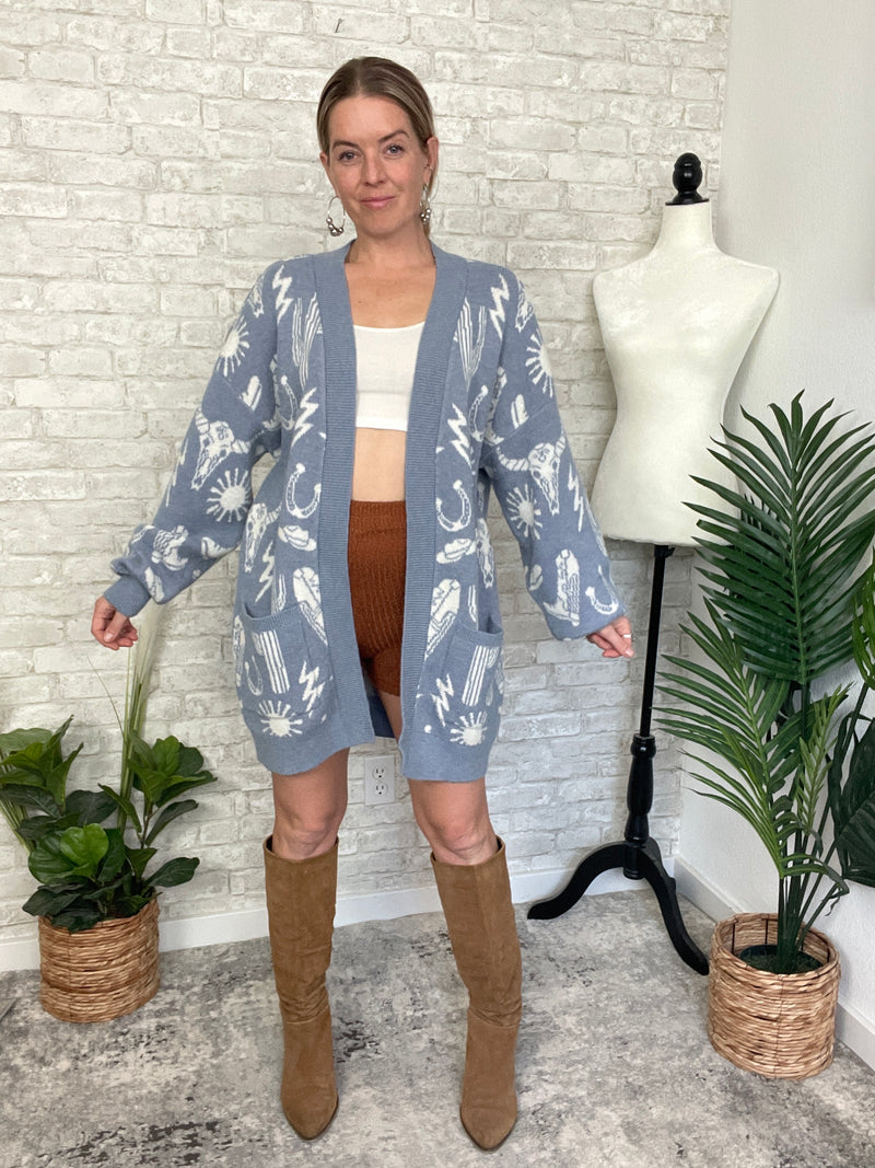 Christy Western Print Cardigan Blue