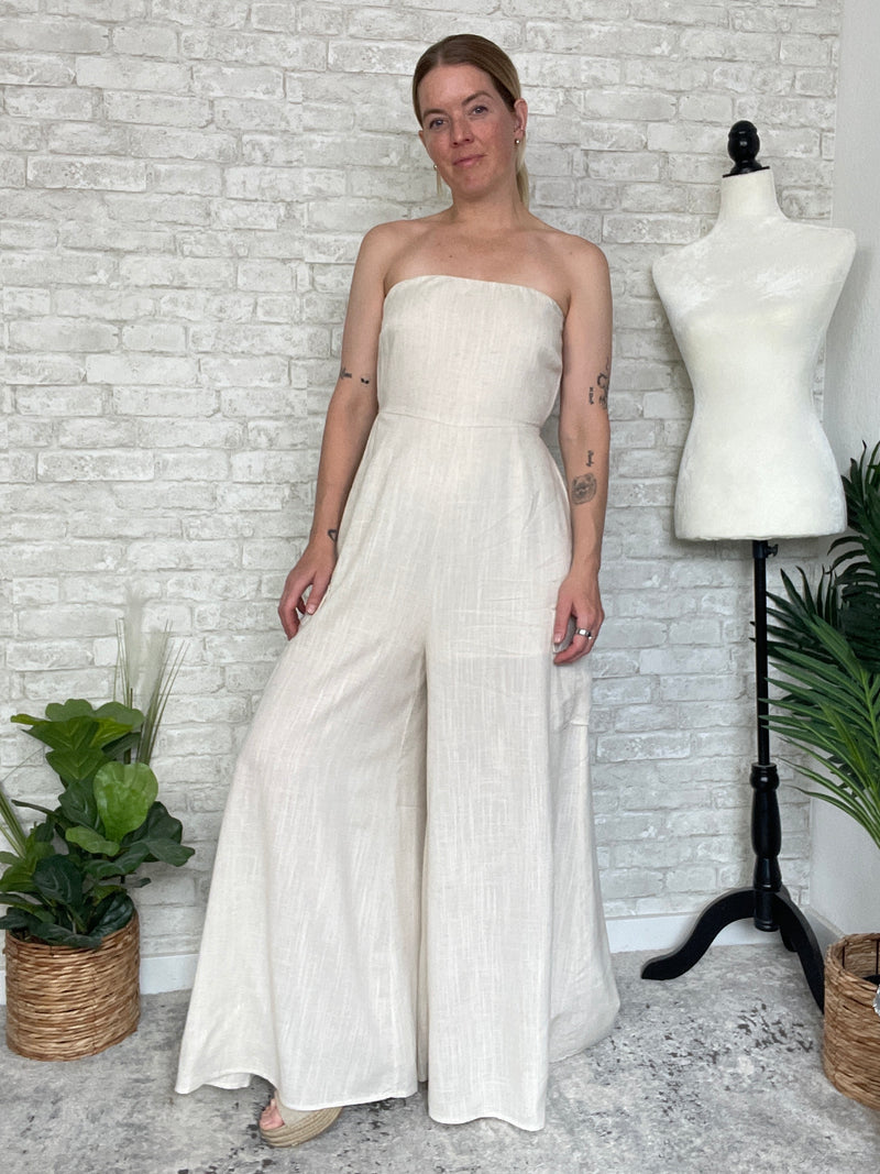 Plumeria Cream Linen Strapless Woven Jumpsuitn