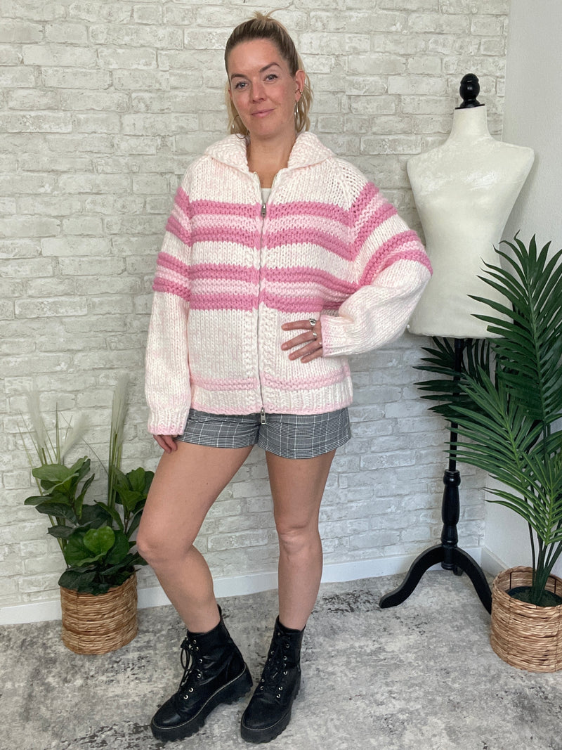Zelda Zip Up Knit Cardigan - Pink Combo