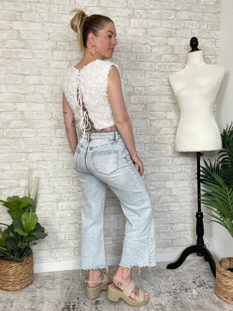 3D Floral Petal Crop Top White