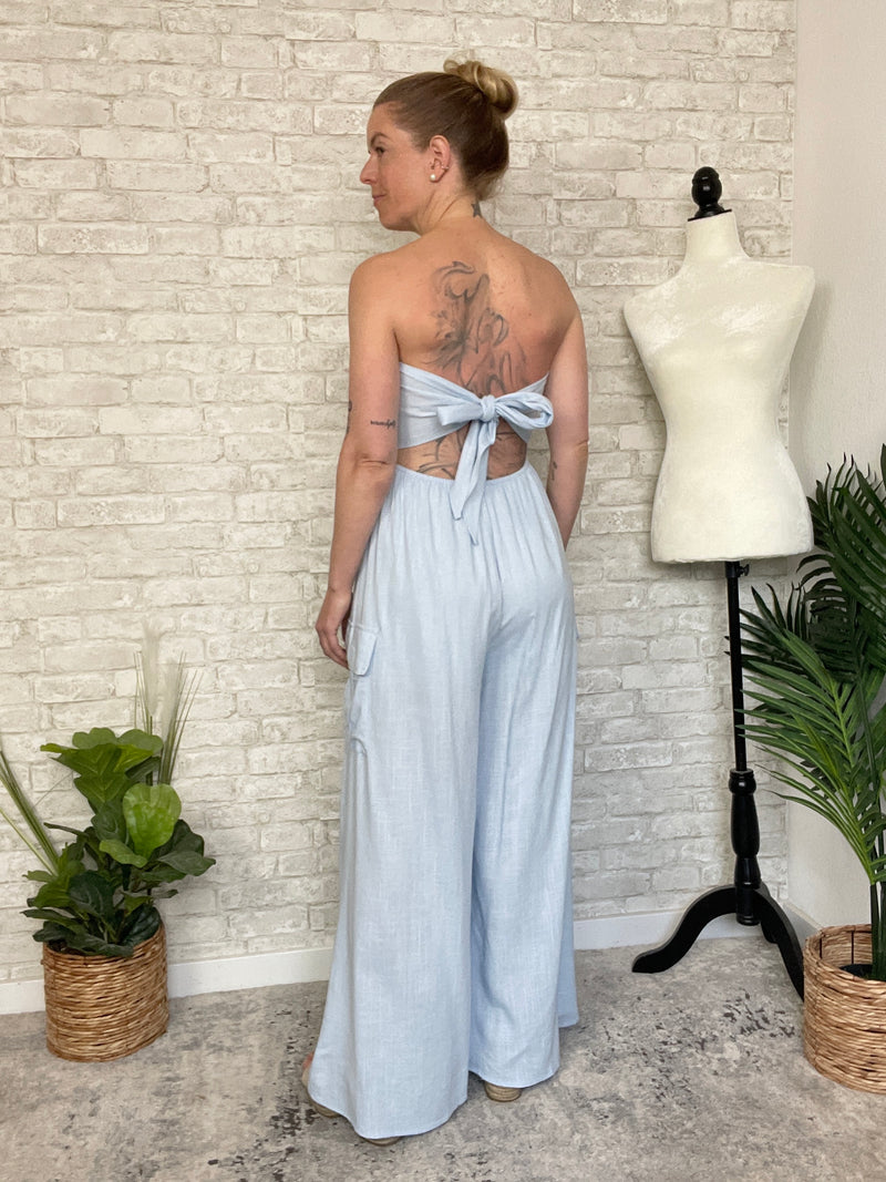 Plumeria Blue Strapless Woven Jumpsuit