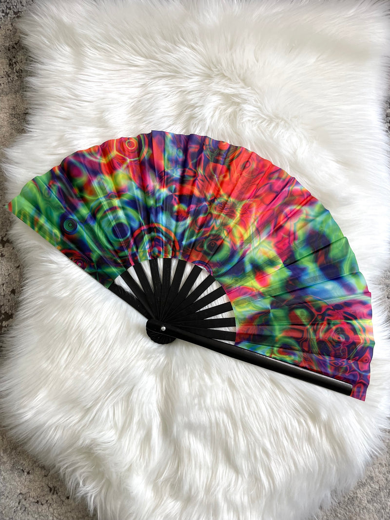 Trippy Swirl Rainbow Floral Festival Fan