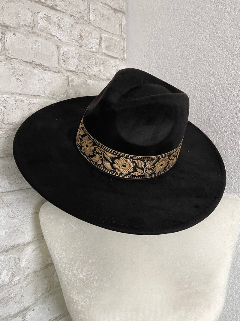 Willa Flower Band Black Wide Brim
