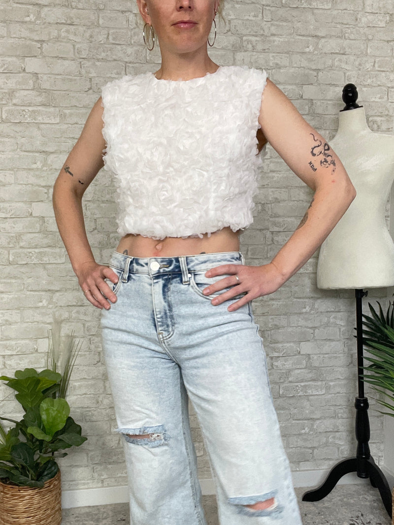 3D Floral Petal Crop Top White