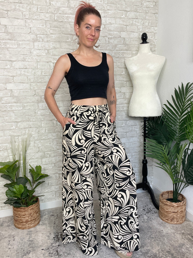 Abstract Swirls Wide Leg Pant - Black + White
