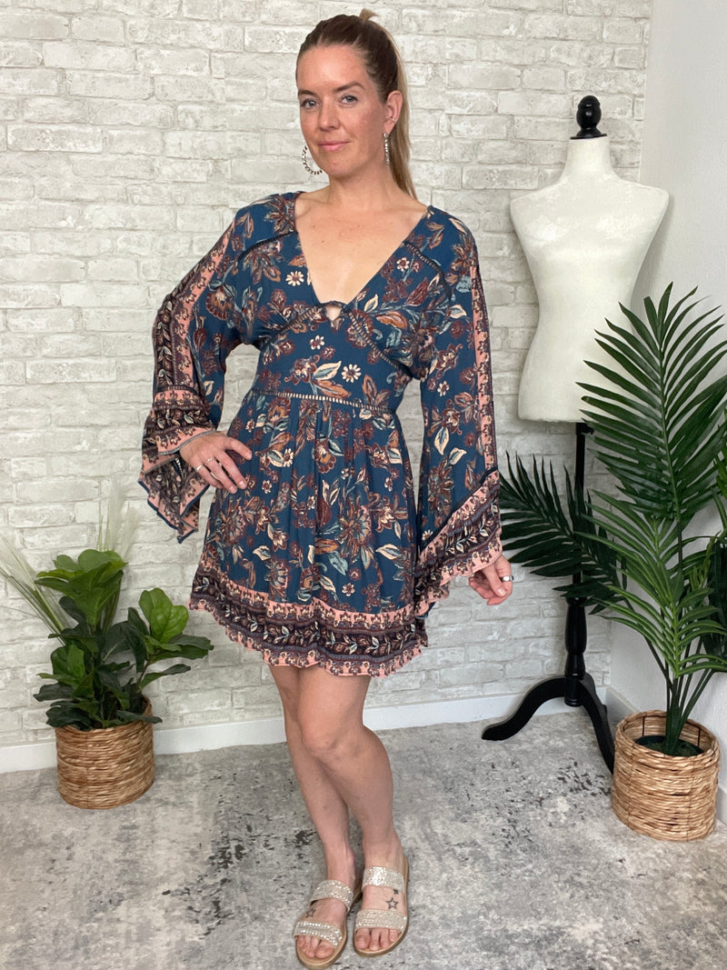 Mirabelle Teal Long Sleeve Mini Dress