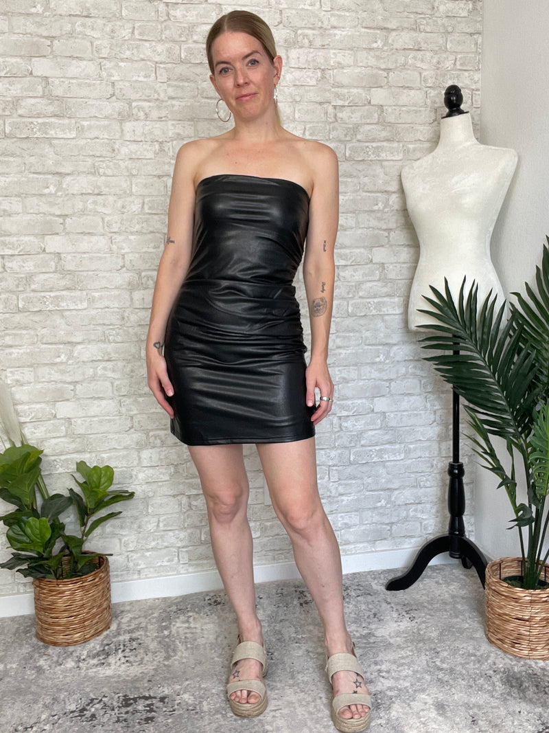 Diane Black Faux Leather Strapless Dress