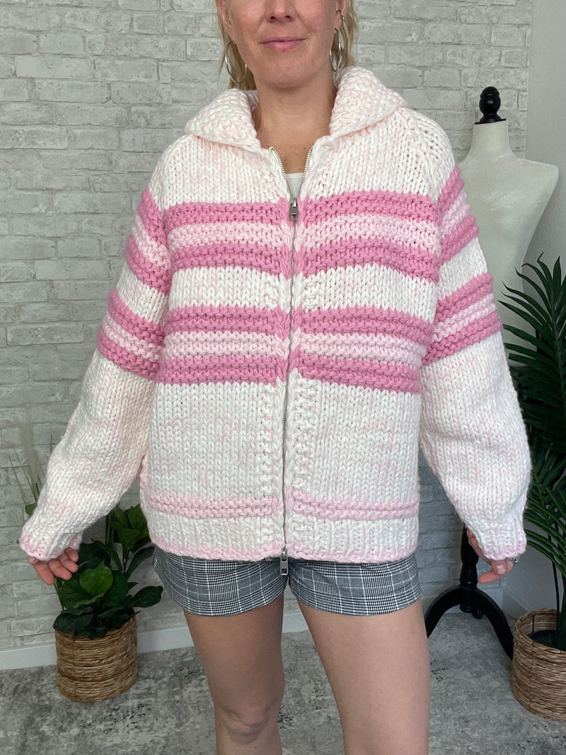 Zelda Zip Up Knit Cardigan - Pink Combo