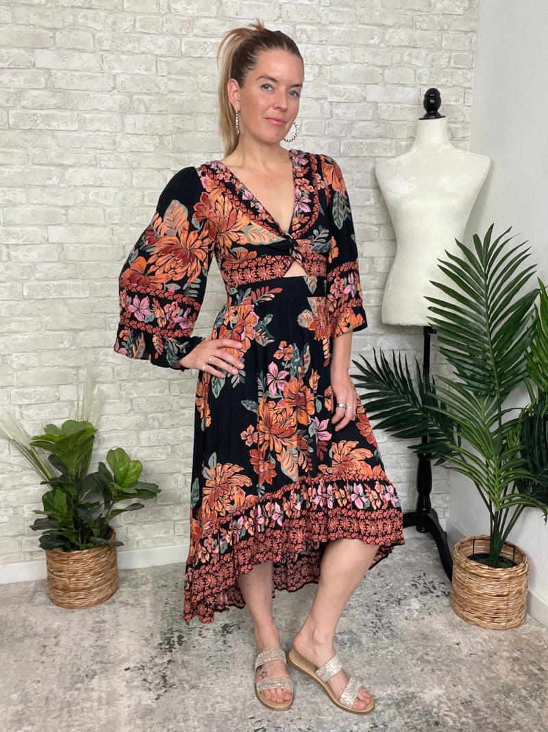 Madison Long Sleeve Twist Maxi Midnight Black+Ginger Floral