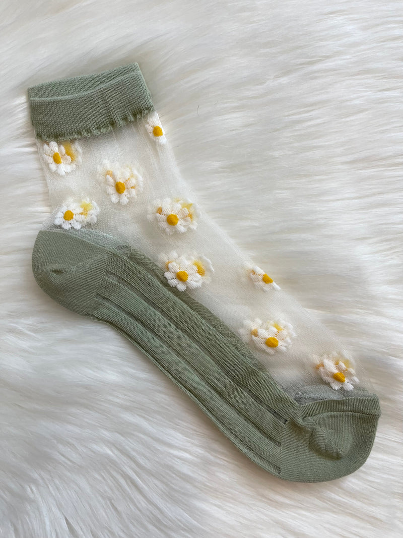 Sheer Floral Socks - Sage