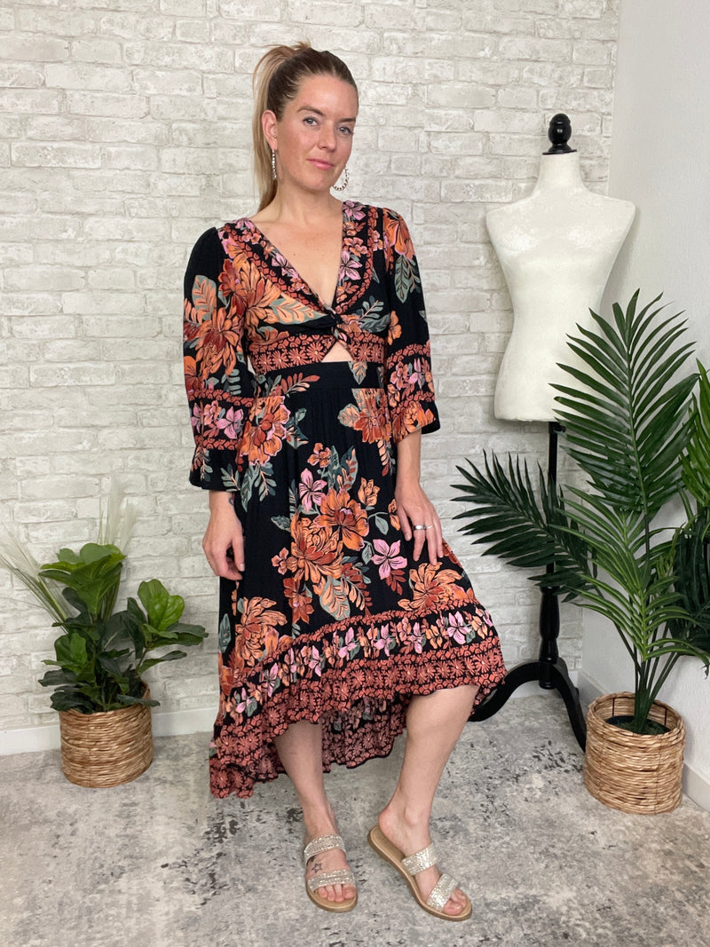 Madison Long Sleeve Twist Maxi Midnight Black+Ginger Floral