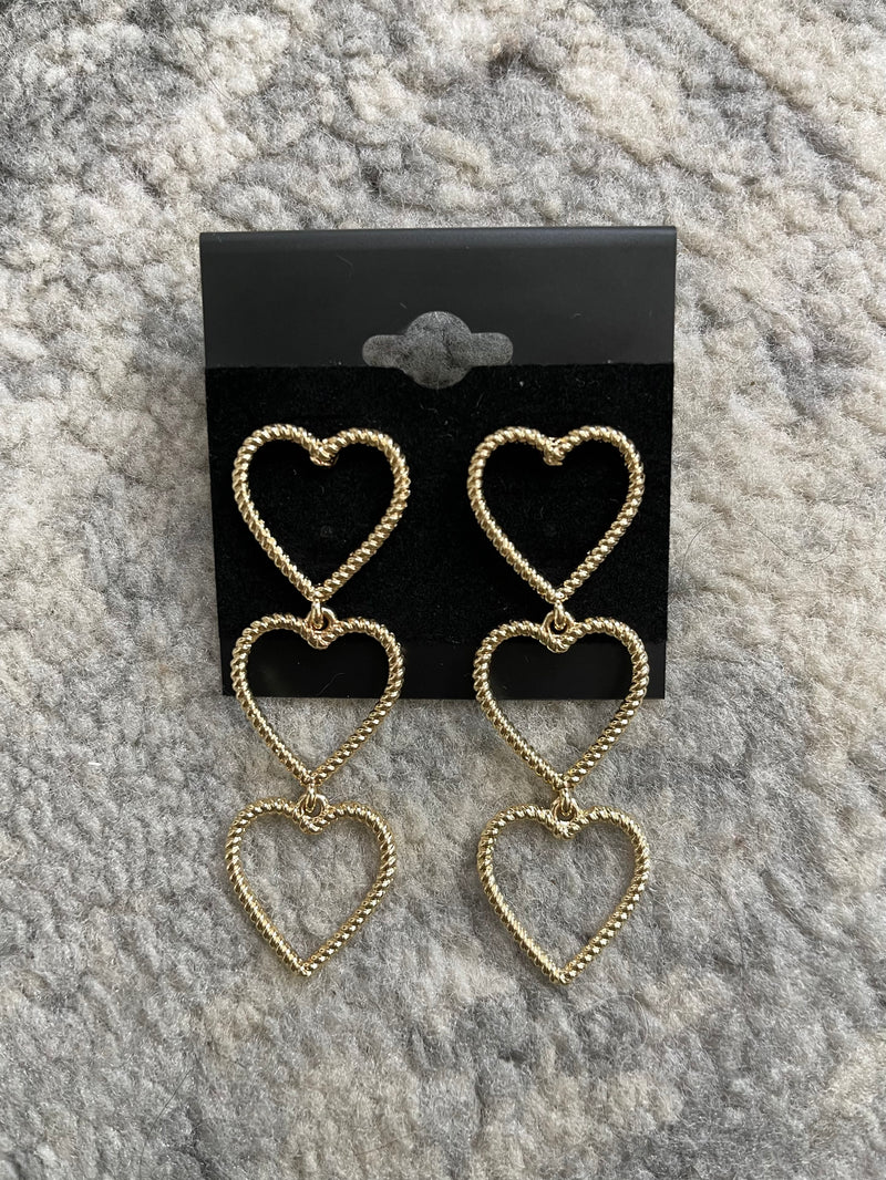 Twisted Gold Triple Heart Earrings
