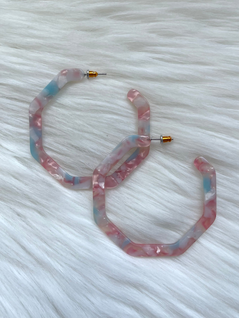 Large Acetate Pink/Blue Pearl Octagon Hoop