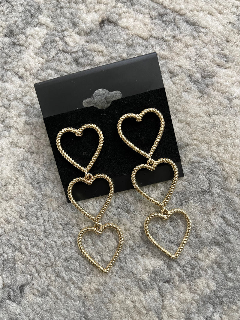 Twisted Gold Triple Heart Earrings
