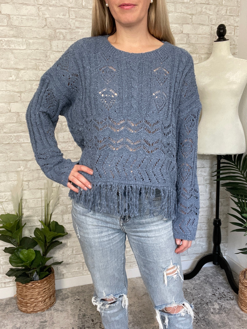 Maeve Tassel Knit Top Vintage Blue