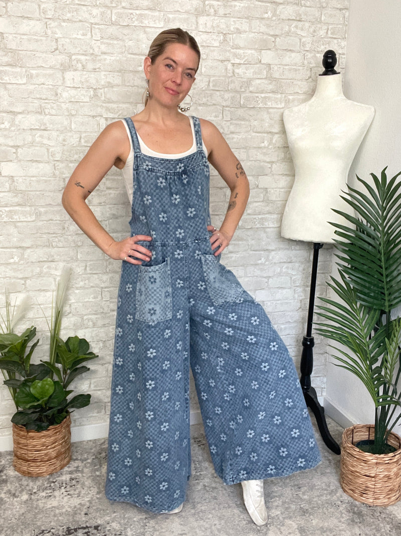 Flower Checker Print Overalls