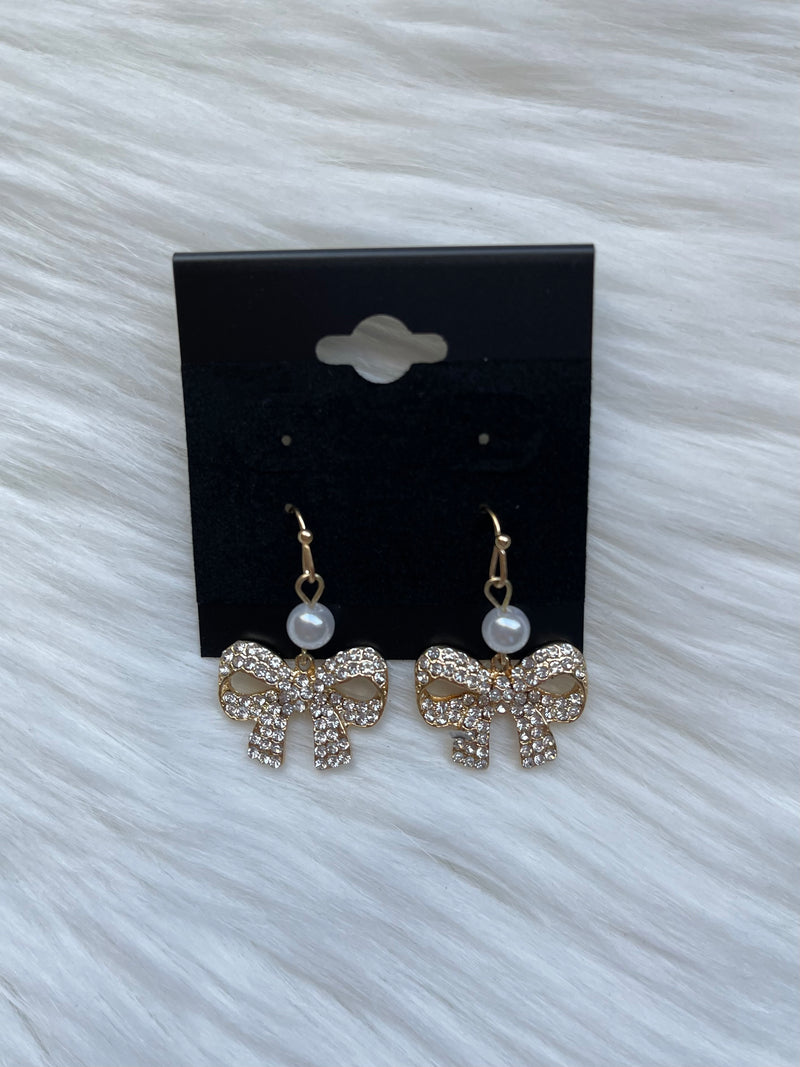 Pearl + Rhinestone Bow Earring Gold